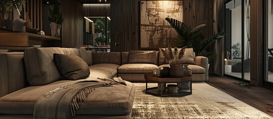 Poster - Stylish living area with a cozy couch featuring a copy space image