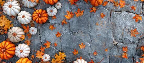 Poster - Top view of orange and white pumpkins on a stone surface with a clear area in the middle for Thanksgiving and Halloween advertisements in a copy space image