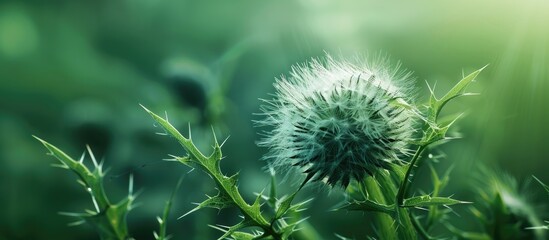 Poster - An abstract green background with a fluffy thistle as a focal point ideal for a copy space image