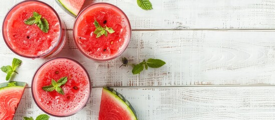 Poster - Refreshingly colorful summer drinks like cold watermelon juice smoothies in glasses on a light white wood background with copy space for images embody the essence of a healthy food and drink choice in