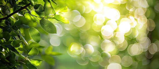 Fototapete - The photograph captures a refreshing warm feeling with green and white circular bokeh around a tree taken in the morning sunlight Ideal for a copy space image