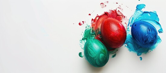 Fototapete - Gouache paint in red green and blue on white background ready for coloring Easter eggs with text area in a copy space image Easter holiday prep