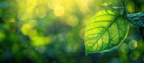 Poster - Scenic green leaf with soft focus green backdrop in a garden bathed in sunlight for a fresh wallpaper concept with room for text as a copy space image