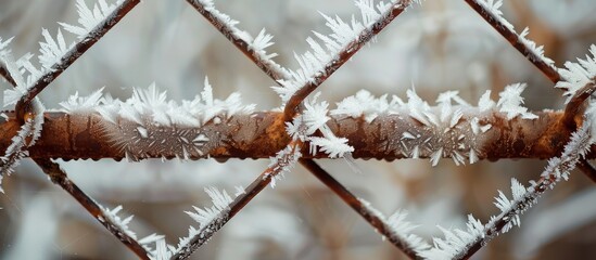 Aufkleber - Copy space image of a frost coated metal fence with icy crystals due to strong frost