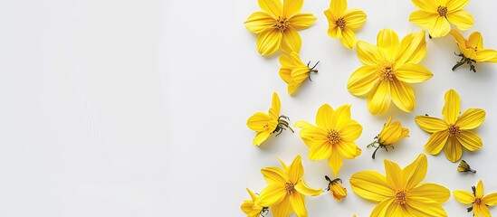 Leinwandbilder - Yellow flowers arranged on a white surface symbolizing summer and autumn in a flat lay style with a top view ideal for a copy space image