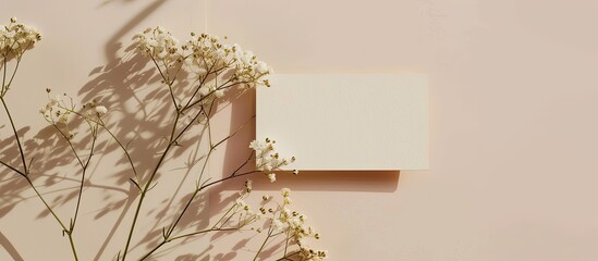 Fototapete - Minimalistic business card template featuring mockup copy space image with gypsophila flowers on a beige background designed for a sleek and professional look in a flat lay top view style