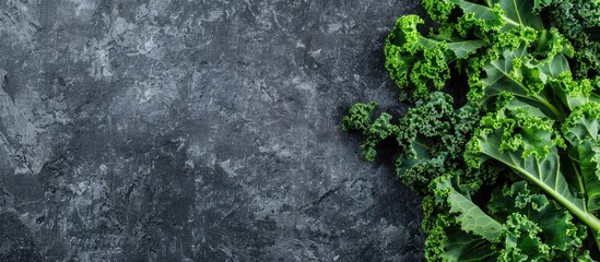 Poster - Table with grey background showcasing fresh kale leaves in a flat lay arrangement providing a blank area for text in the image. Creative banner. Copyspace image