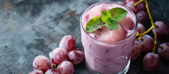 Poster - Refreshing grape and yogurt smoothie garnished with slices of grapes and mint leaves featuring copy space image