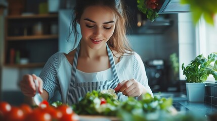 Pretty young woman in her modern clean and bright kitchen fixing lunch color toned imagey shallow DOF : Generative AI