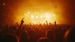 © The Little Hut - A crowded concert hall with scene stage orange and yellow lights rock show performance with people silhouette colourful confetti explosion fired on dance floor air during a concert fes : Generative AI