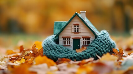 Green scarf around a miniature house on the autumn leaves background Concept of protecting or isolating house : Generative AI