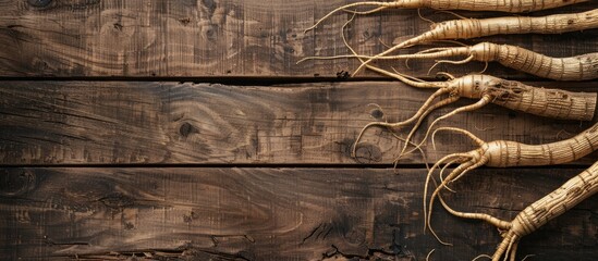 Aufkleber - Wood background with copy space image featuring dried Korean ginseng