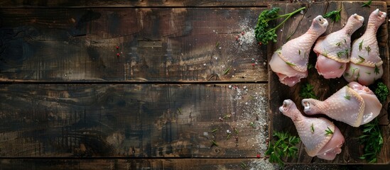 Poster - Raw chicken thighs and legs on a rustic table a potential meal or snack with a food background and ample copy space in the top view image