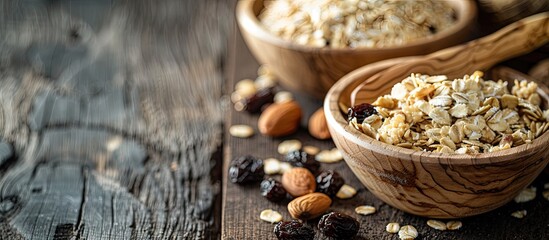 Wooden bowls contain oat flakes nuts and raisins for making homemade oatmeal cookies with a dark rustic backdrop and copy space image Represents a homemade delicious baking hobby