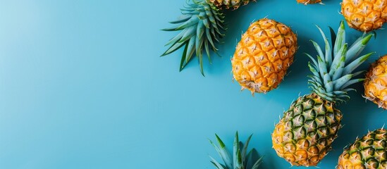 Wall Mural - Top view of juicy pineapples on a blue backdrop with copy space image available