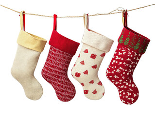 Four colorful Christmas stockings hanging on a line, ready to be filled with festive treats. Perfect holiday decoration and celebration image.