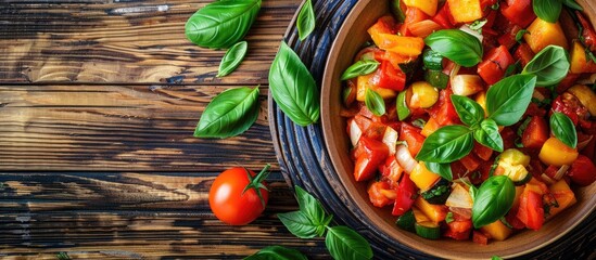 Canvas Print - Ratatouille with basil on wooden table flat lay style image with copy space