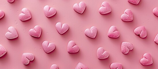 Sticker - Heart health concept illustrated on a pink background with pink heart shaped pills in a flat lay style perfect for a copy space image