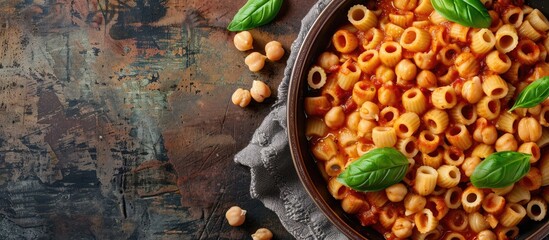 Aufkleber - Top view image of an Italian recipe featuring ditalini pasta and chickpeas with copy space available
