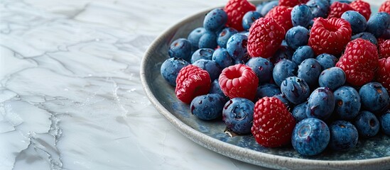 Aufkleber - Freshly washed organic blueberries and raspberries on a kitchen counter arranged in a plate for a healthy eating concept ideal for copy space image