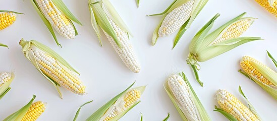 Aufkleber - Fresh uncooked corncob arranged on a white background a healthy summer food concept The image showcases a top view with close up details and space for text. Creative banner. Copyspace image