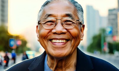 Wall Mural - Portrait of happy asian senior man looking at camera in city