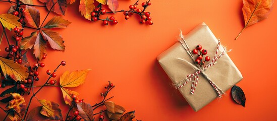 Aufkleber - Top view of a handmade paper gift box adorned with autumn leaves and berries on an orange backdrop with available copy space image