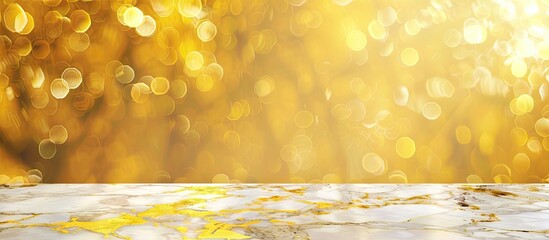 Sticker - Luxurious backdrop for displaying products with a festive ambiance featuring a gold and white marble tabletop against a yellow bokeh background perfect for showcasing items with an empty copy space im