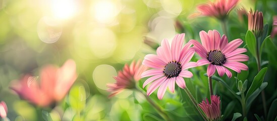 Leinwandbilder - Pink flowers in full bloom against a green nature backdrop in a garden with copy space image