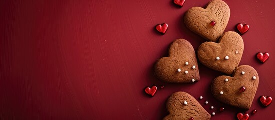 Poster - Valentine s Day concept with heart shaped gingerbread cookies on a dark red background enhancing the copy space image