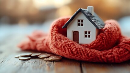 Miniature house in a red scarf with coins on wooden table The concept of passive house heating Thermal insulation of a building or dwelling Energy crisis : Generative AI