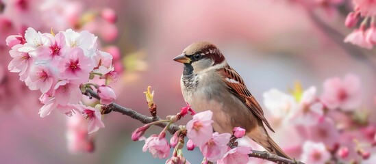 Leinwandbilder - A sparrow rests on a cherry blossom branch with perfect copy space image