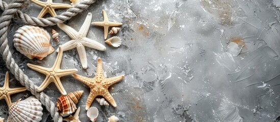 Wall Mural - Nautical themed background in gray hues adorned with starfish seashells and rope elements on a copy space image