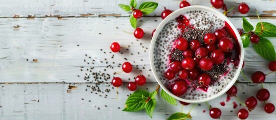 Aufkleber - Vanilla chia pudding with red berries on a white wooden backdrop perfect for a healthy snack concept with space for adding text or other images. Creative banner. Copyspace image