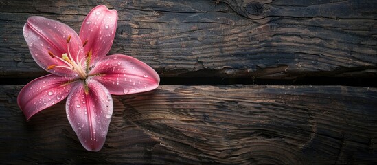 Sticker - Pink Rain lily flower on aged wooden surface ideal for spa decor theme featuring a dark rustic ambiance and ample copy space image