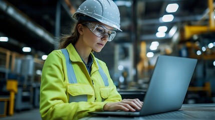 Fototapete - Female engineer using laptop computer for safety control checks or manufacturing maintenance work in factory building or construction site woman engineer inspector working in industry  : Generative AI