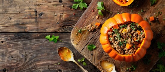 Aufkleber - A wooden surface showcases a cooked pumpkin filled with ground meat veggies and herbs in a top down copy space image