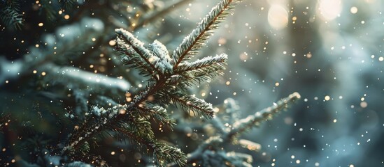 Fototapete - Winter forest with snow falling showcasing spruce branches Ideal scene for Christmas with a spacious area for additional images