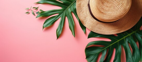 Poster - Summer holidays depicted through a flat lay image featuring a straw hat and tropical leaf with a top view perspective and ample copy space available