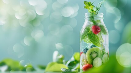 A close up shot of a water bottle filled with fresh fruit and vegetables, showcasing a refreshing and healthy beverage.