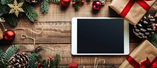 Aufkleber - Tablet showcasing Christmas online shopping concept with a rustic decor setting providing a copy space image on the colorful background for personalized design
