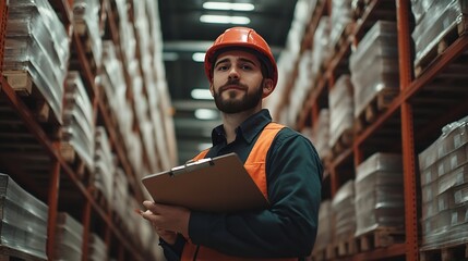 Aufkleber - Portrait of man warehouse worker wearing uniform and helmet safety standing with clipboard for checking stock products on shelves in warehouse factory store Logistics Distribution Cent : Generative AI