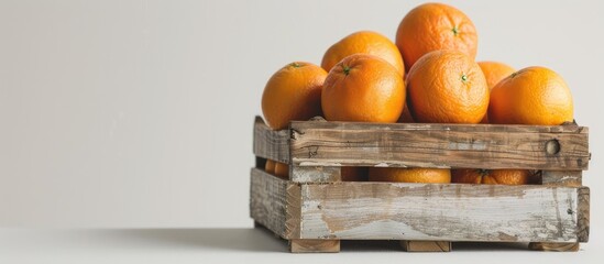 Sticker - Fresh juicy oranges resting on a wooden box against a white backdrop showcasing a copy space image