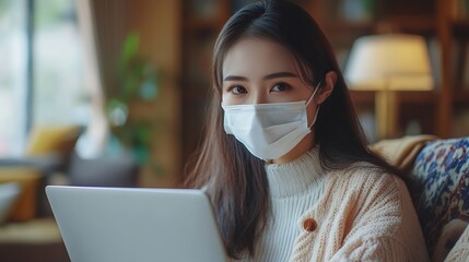 Portrait of Young Smart Asian Woman Freelance Online Working from Home with Laptop at Home Living Room in Coronavirus or Covid19 Outbreak Situation  Healthcare and Social Distancing Co : Generative AI