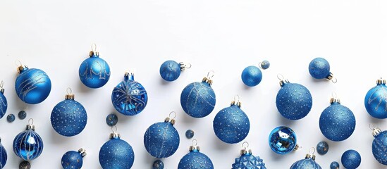 Poster - A vibrant holiday setting with blue Christmas ornaments on a white background camera ready for text inclusion in the copy space image