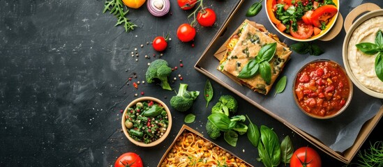 Aufkleber - Restaurant meals delivered displaying a nutritious dietary option Top down view with ample copy space image