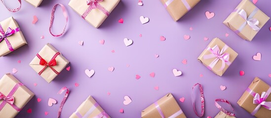 Poster - Pastel purple background adorned with assorted gift boxes setting the perfect Valentine s Day scene with a flat lay and top view offering ample copy space for an image