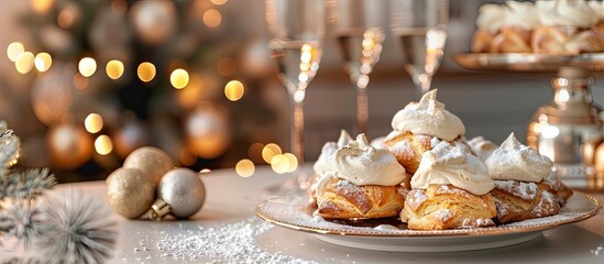 Poster - Holiday vibes captured in a modern kitchen setting with a delectable display of homemade profiteroles with cream on a table perfect for a copy space image