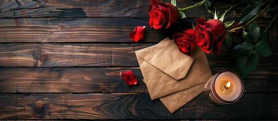 Leinwandbilder - Valentine s Day celebration with red roses an envelope and a candle arranged on a dark wooden background creating an elegant copy space image