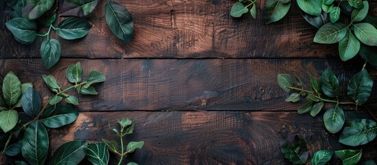 Aufkleber - Creative rustic background with an arrangement of artificial leaves on a wooden surface for a flat lay top view copy space image with a design focus and empty space